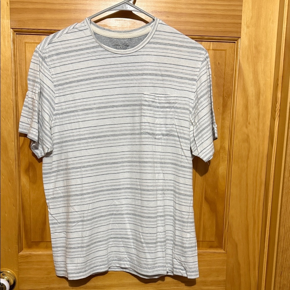 Tasso Elba White & Light Gray Striped Short Sleeve Pocket Tee, Size Medium.